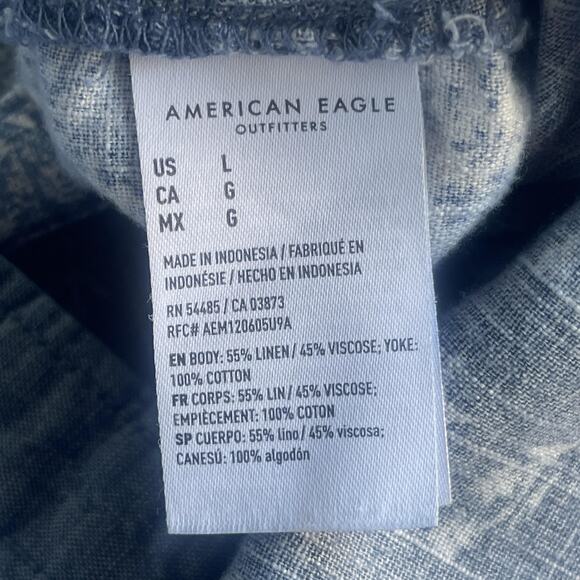 American Eagle Shirt Womens Large Blue Patchwork Button Down Linen Blend Boho - Picture 6 of 8